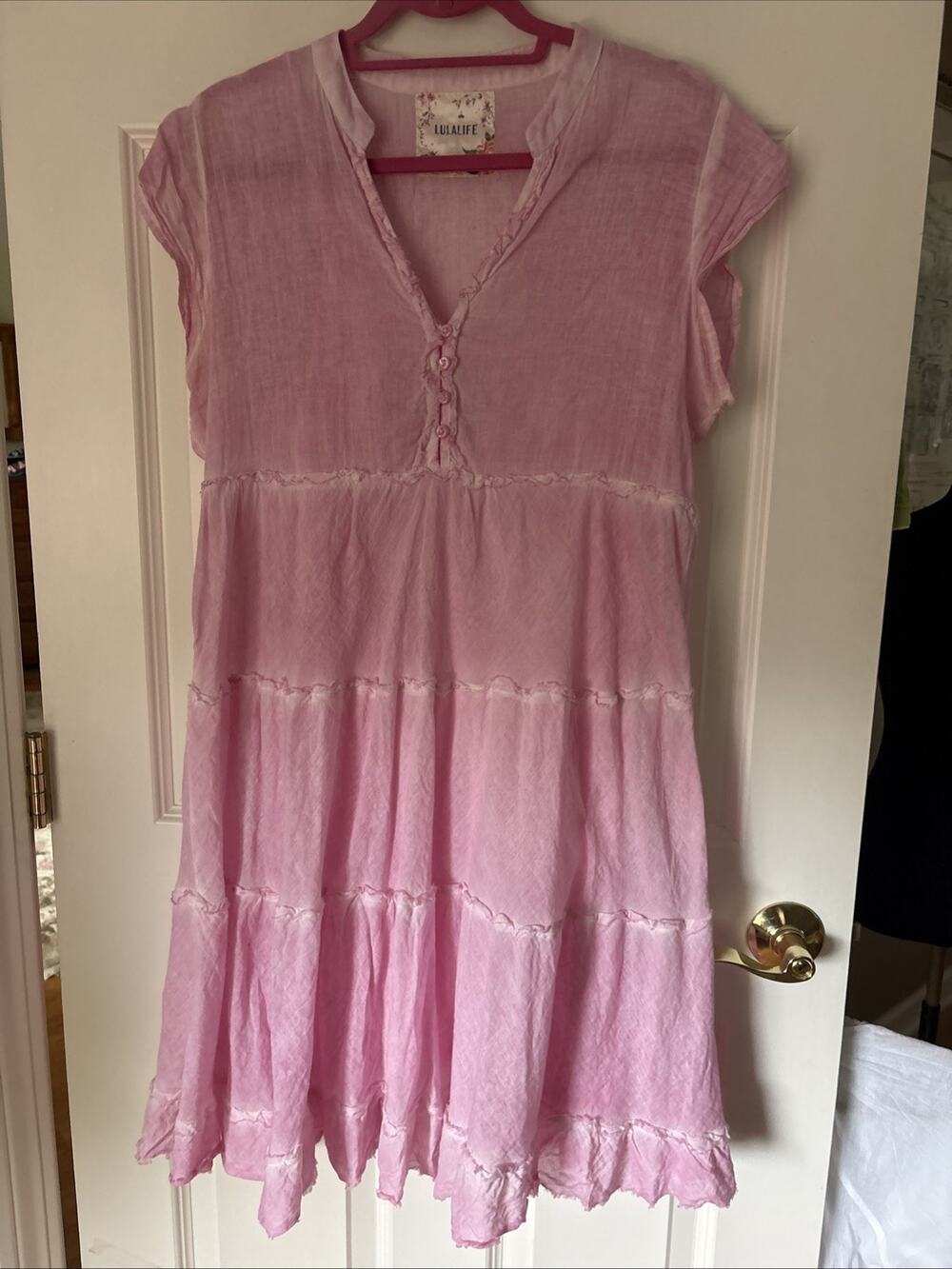 LULALIFE pink White Tiered lightweight cotton lined small ruffle trims Dress M